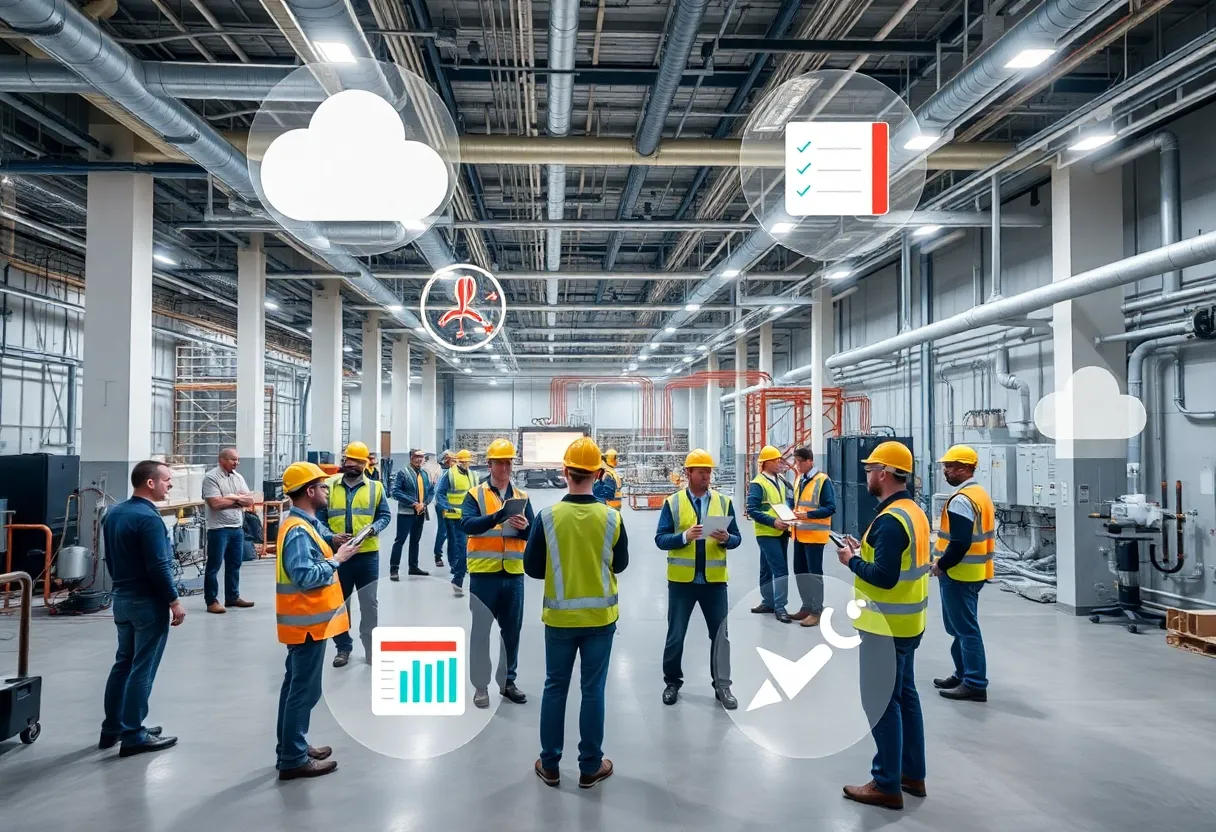Construction site interior with MEP systems and project teams using tablets showing cloud dashboards for operational readiness tracking.