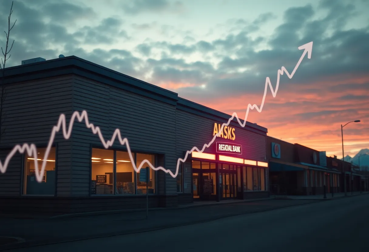 Regional Alaskan bank exterior with a rising stock chart overlay and a low-volume indicator