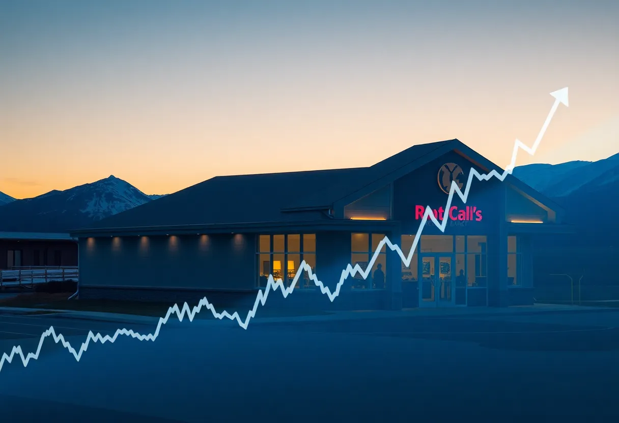 Alaskan bank building with upward trending stock chart overlay indicating rising shares