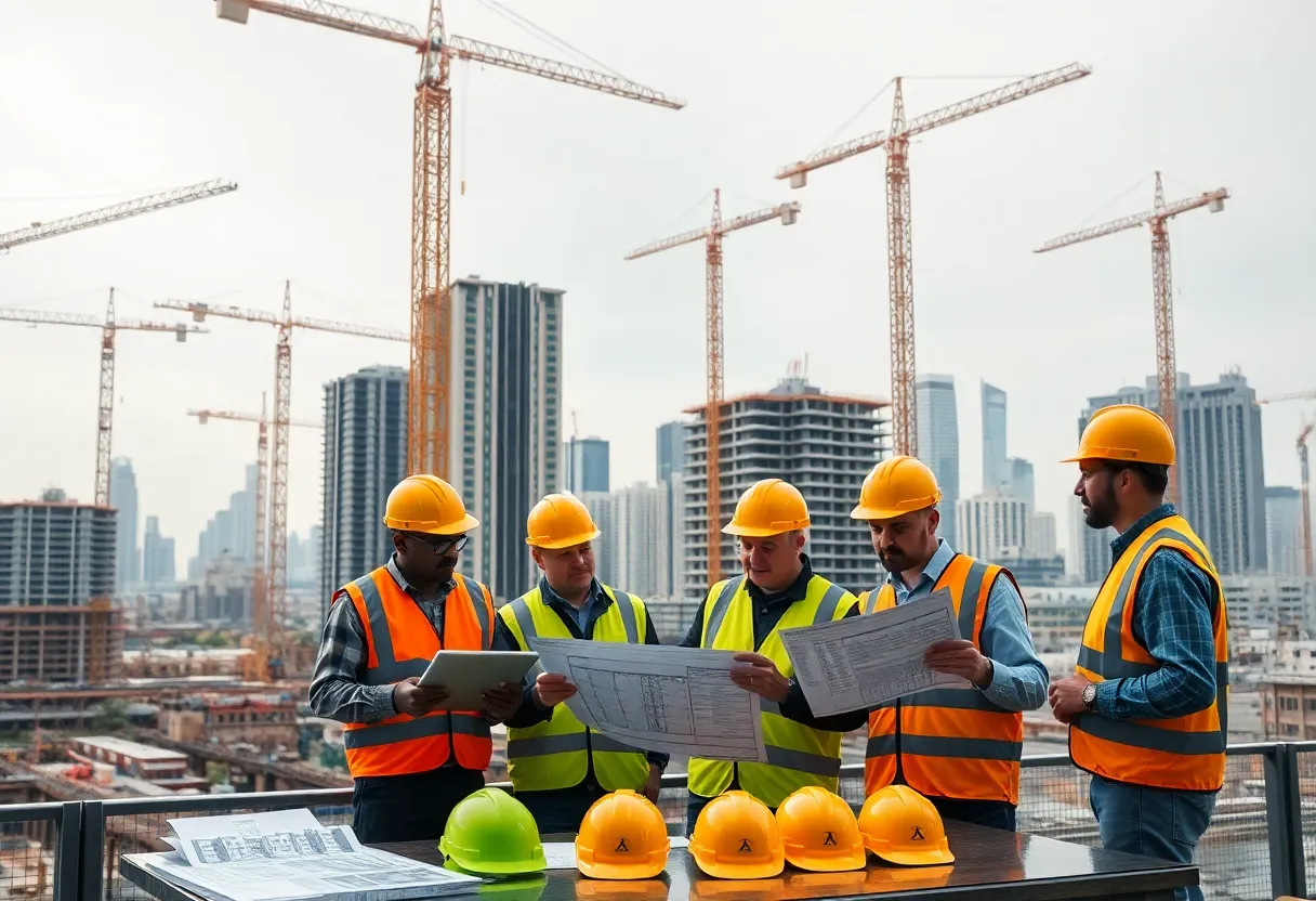 Construction site with cranes, project teams reviewing plans and digital schedules representing construction management firms