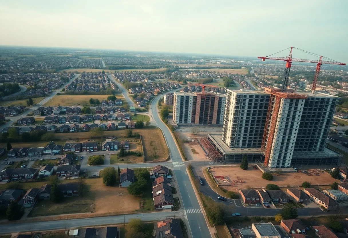 Aerial view showing suburban lots beside apartment construction with cranes and building materials