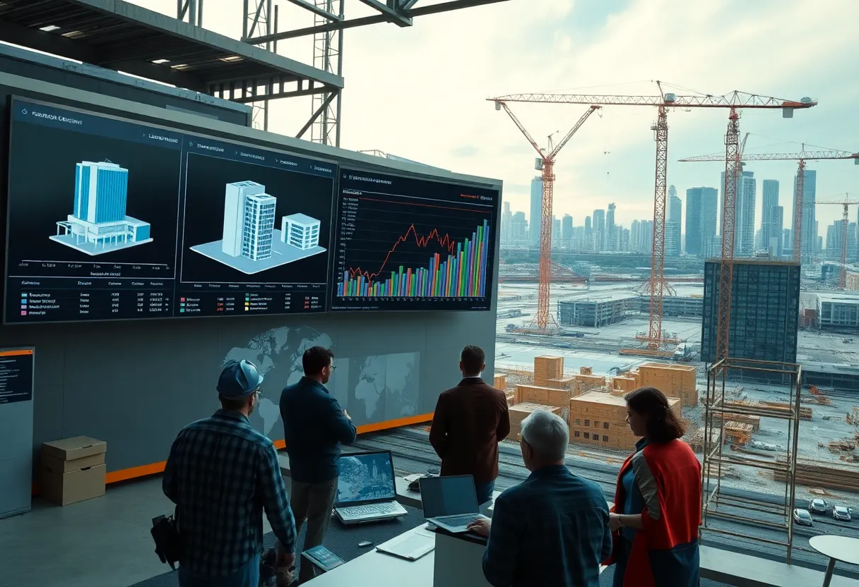 Construction professionals viewing 3D BIM models with cost and schedule overlays on digital screens at a construction site