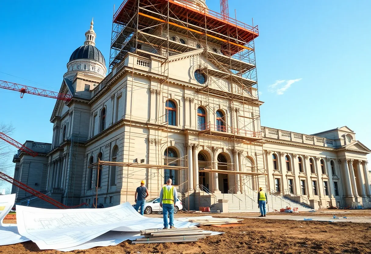Construction site of Kentucky State Capitol renovation with scaffolding