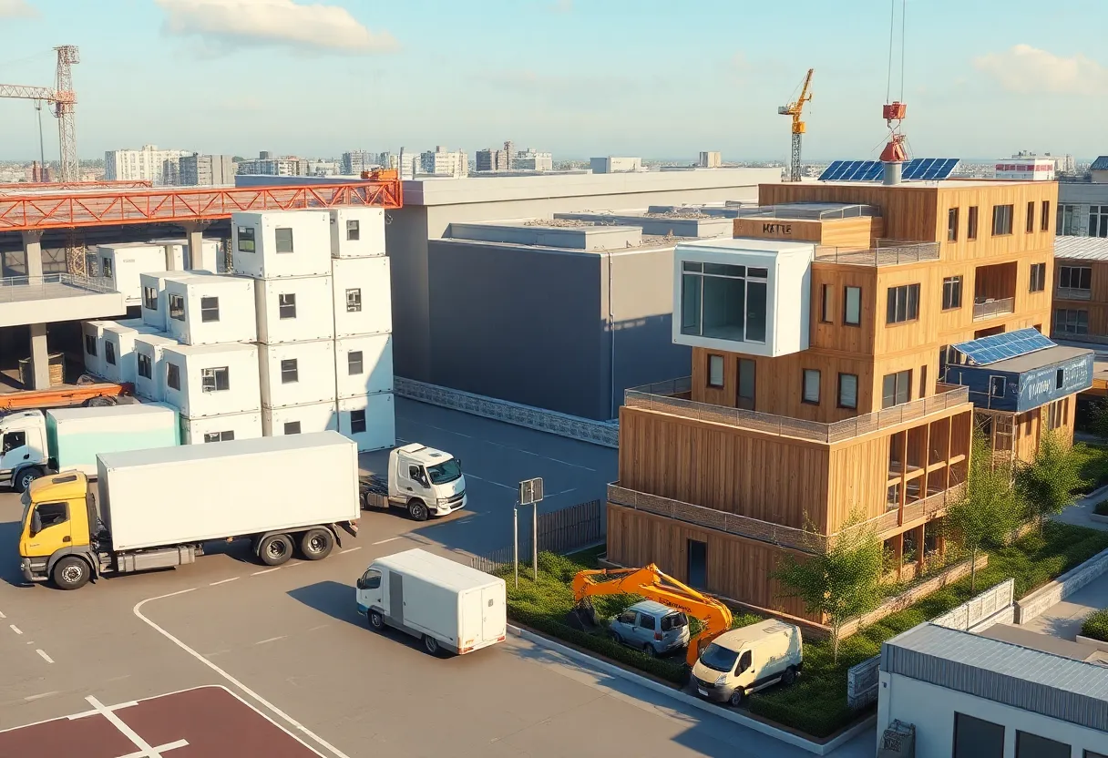 Stacked modular building units being loaded at a factory and an urban site where electric machinery installs a module near a solar‑topped mixed‑use building.