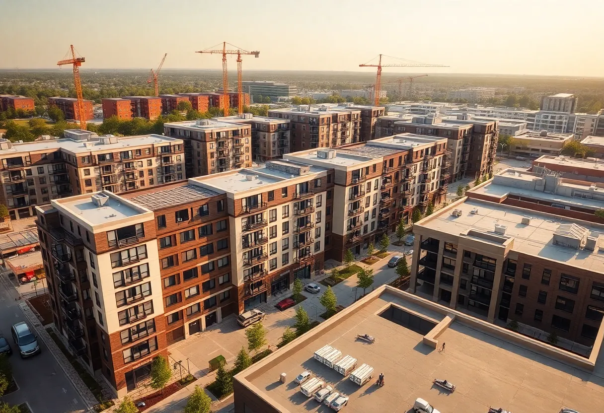 Aerial view of mixed-use multifamily development with retail storefronts, courtyards and rooftop amenities