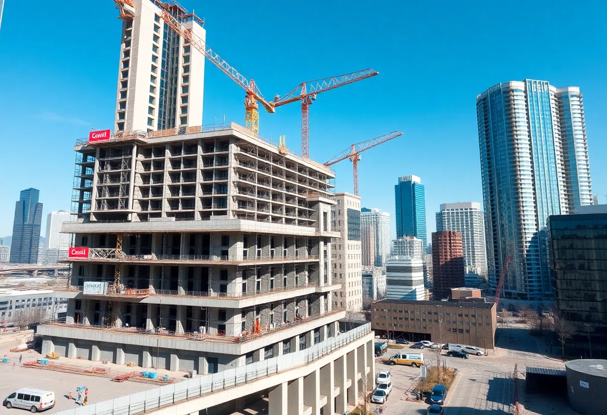 Construction site of a dual-branded mid-rise hotel near a corporate campus in Nashville's East Bank