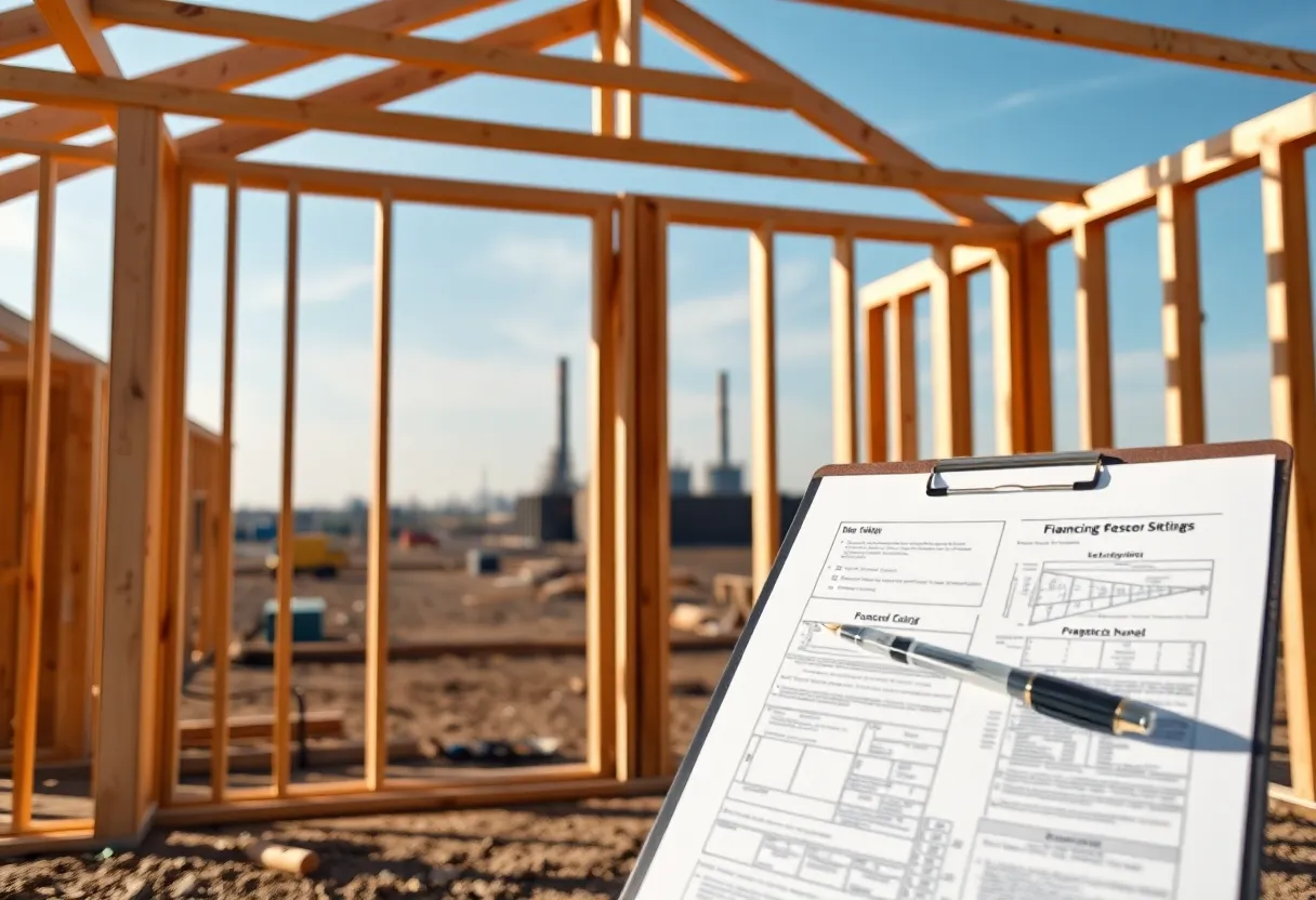 New home framing at a construction site with blueprints on a clipboard in the foreground and an industrial plant visible in the distance.