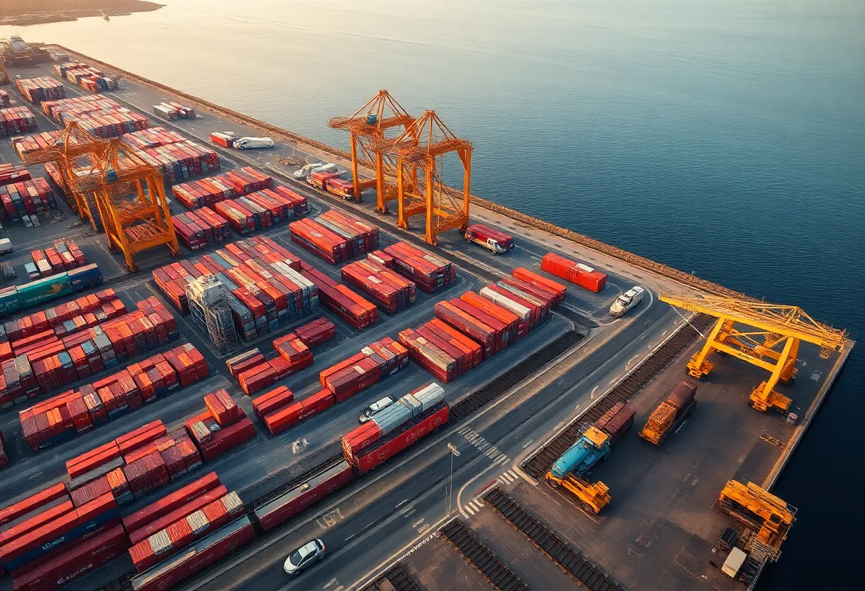 Aerial view of Port of Long Beach Pier B rail yard expansion with cranes, containers and construction activity