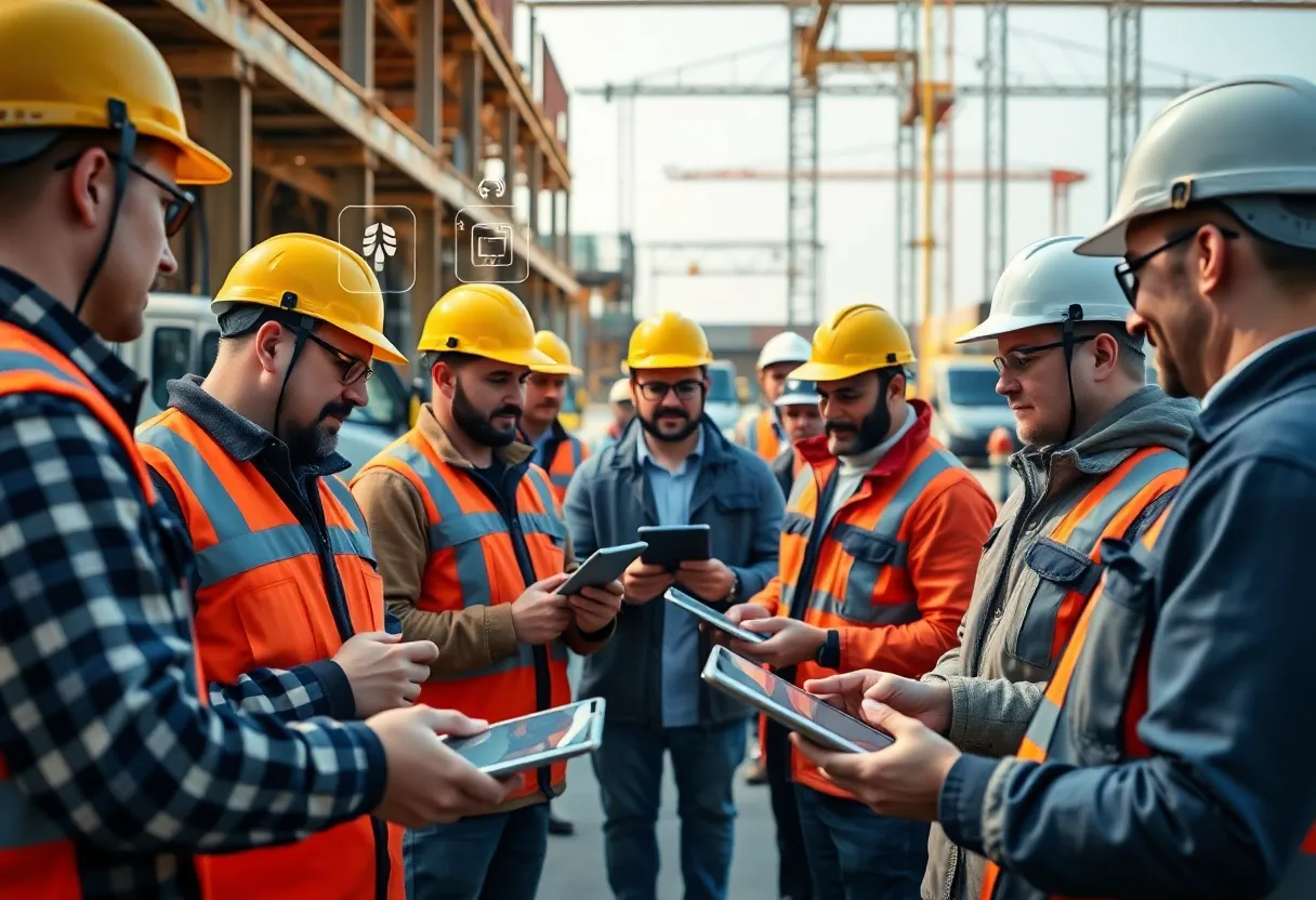 Tradespeople using voice-enabled devices and tablets on a construction site with digital overlays