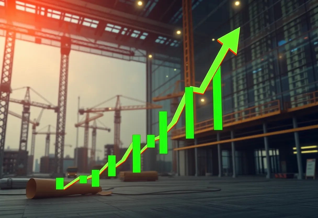 Rising stock chart with upward arrow and construction cranes in the background representing Procore stock rally