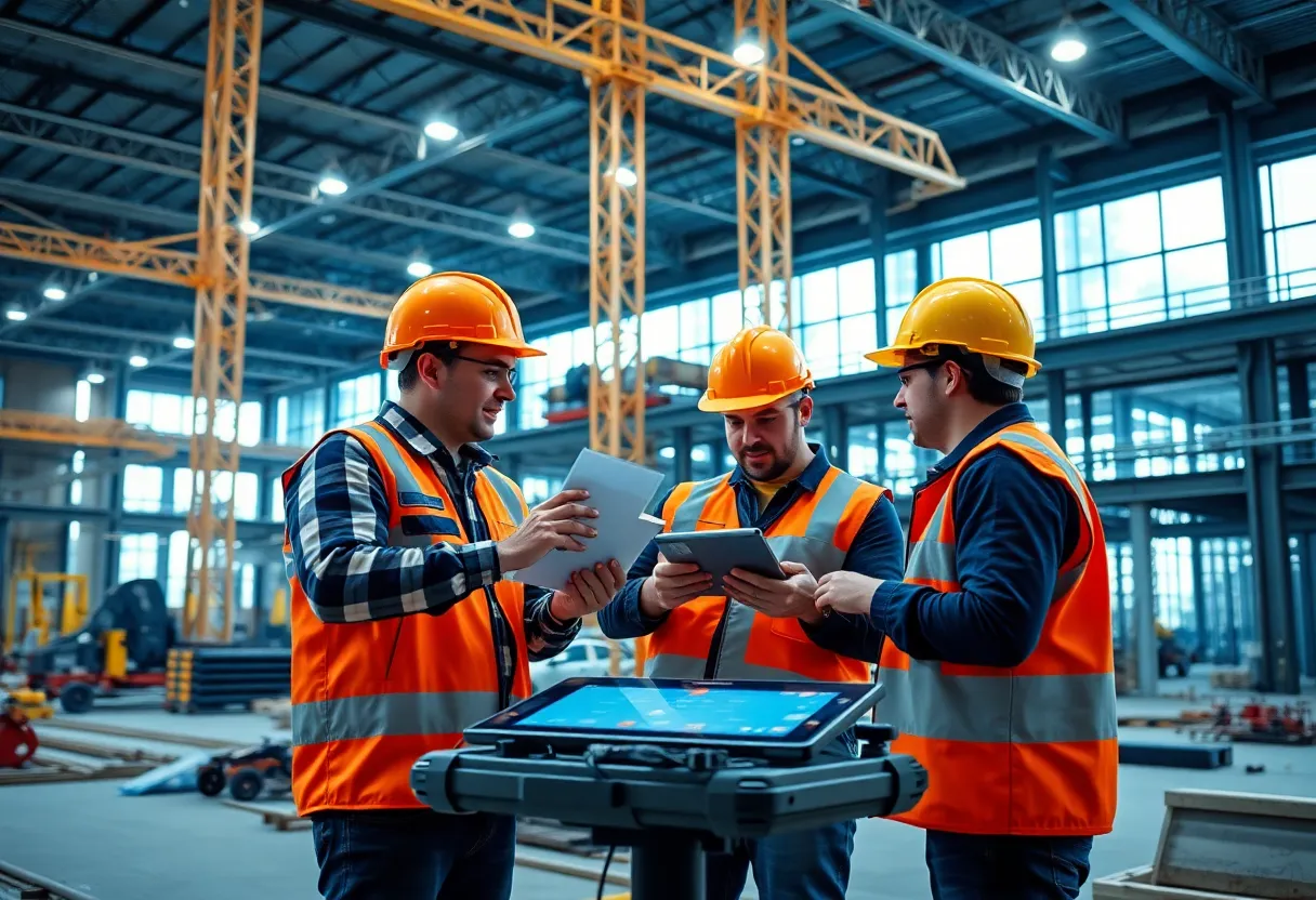 Construction site demonstrating technology and teamwork