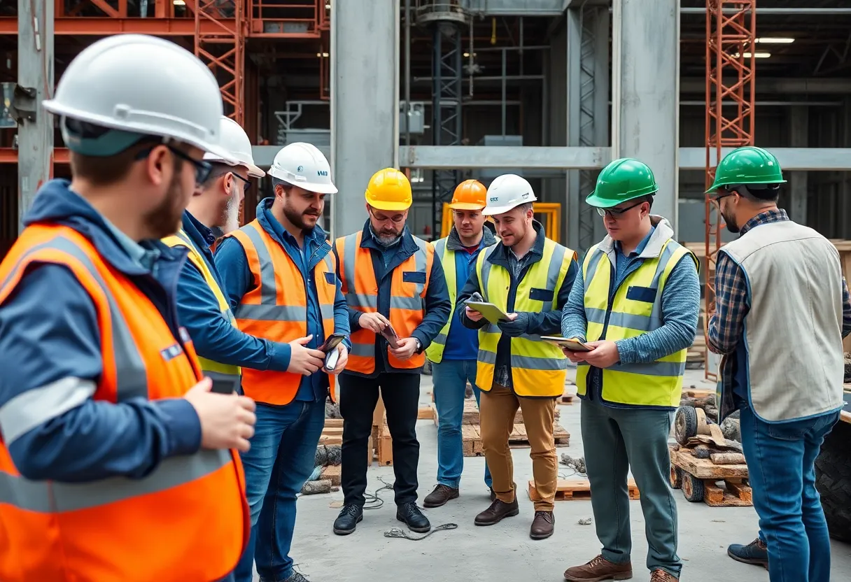 Construction workers demonstrating real-time verification processes on-site.