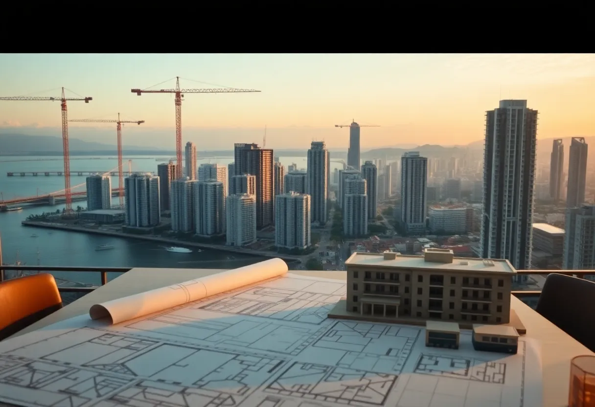 City skyline with construction cranes, mid-rise housing and blueprints symbolizing affordable housing pilot in Santa Monica