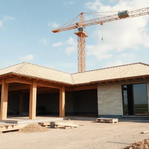 Construction site using sustainable materials derived from food waste.