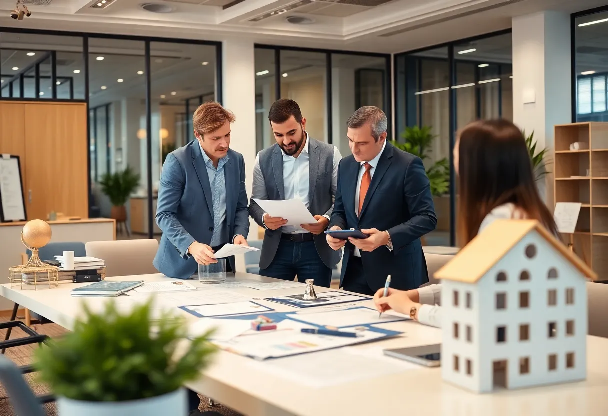 Professional team discussing tax strategies in an office setting.