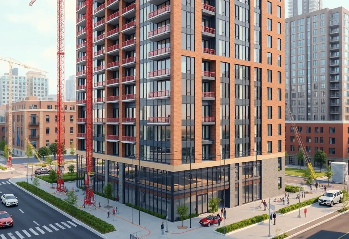 Rendering of a mid-rise apartment building under construction on a former parking lot in Fairfax with cranes and nearby office buildings