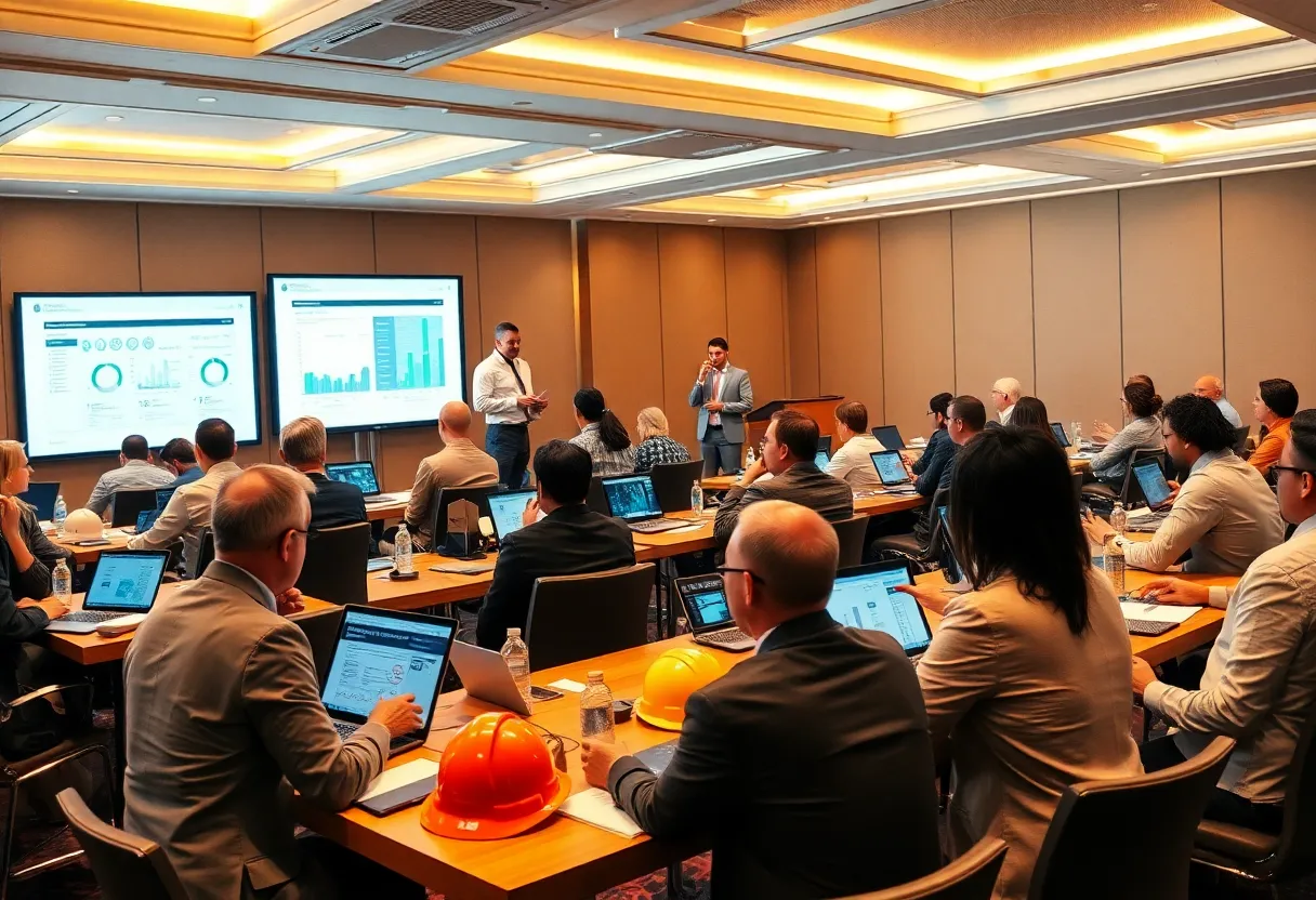 Professionals in a hotel conference room engaged in hands-on construction software training with laptops and instructors.