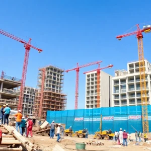 Construction site with diverse workers and heavy machinery