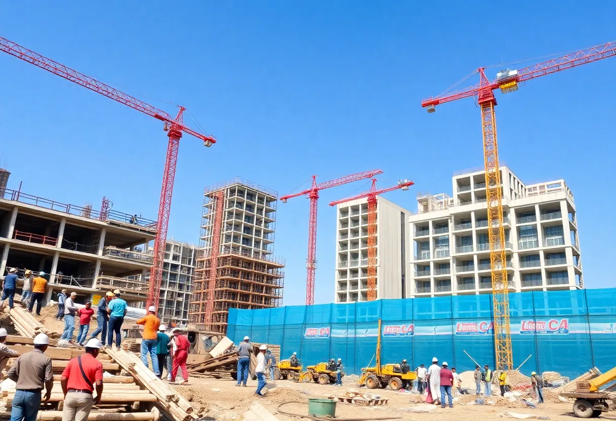Construction site with diverse workers and heavy machinery