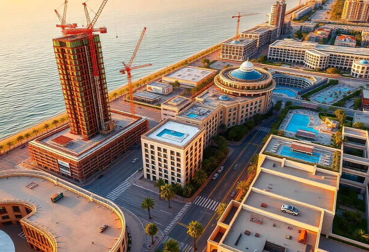 Aerial scene of mixed-use tower under construction, Mediterranean-style hotel and island-like resort with pools in West Palm Beach