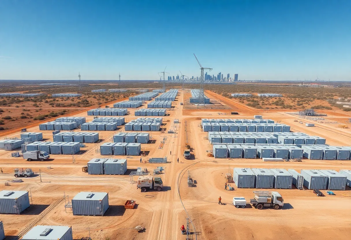 Utility-scale battery storage containers and substation under construction in Bexar County, Texas