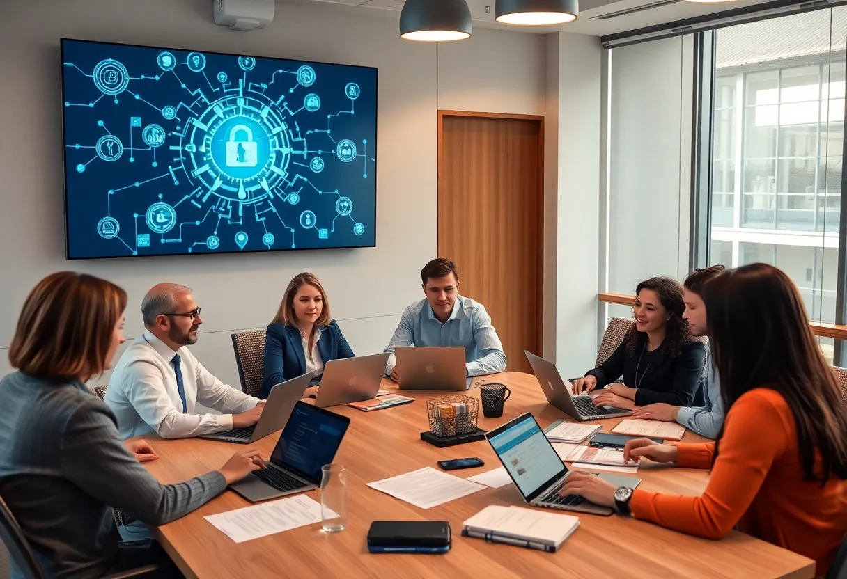 Bank professionals collaborating on commercial lending and cybersecurity strategy in a modern office setting.