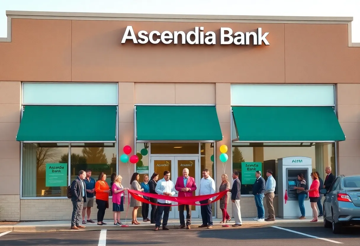 Exterior of Ascendia Bank Oradell branch with community members at the grand opening