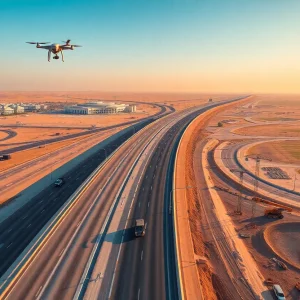 Aerial view of road construction, drones and modern infrastructure in Qatar