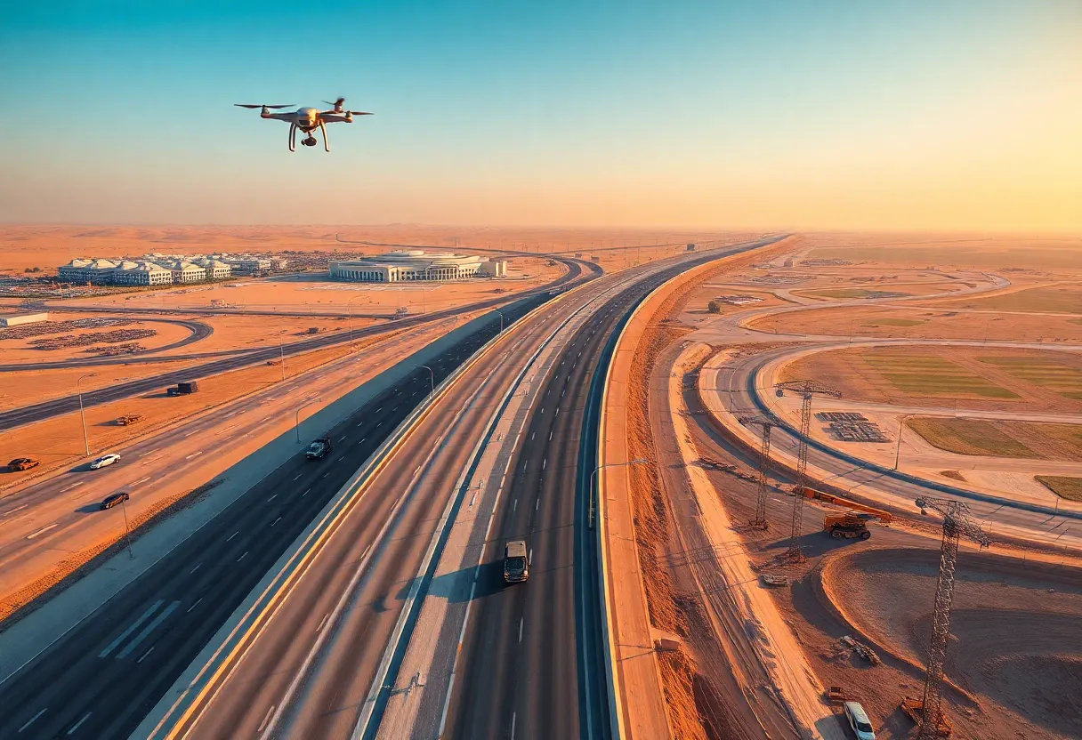 Aerial view of road construction, drones and modern infrastructure in Qatar