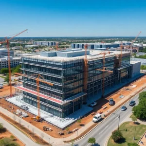 Aerial view of a modern life‑sciences building under construction with cranes in a mixed‑use campus in northeast Austin