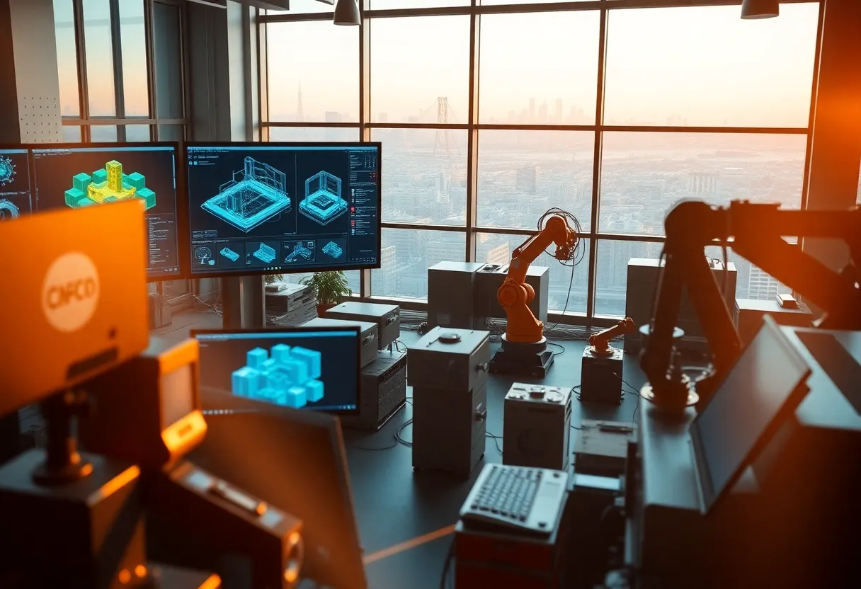 Modern design workspace with CAD software on screens showing automated toolpaths and CNC machines running in the background