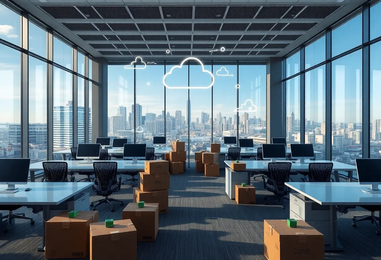 Empty modern office with moving boxes and holographic cloud and AI icons, San Francisco skyline visible through windows