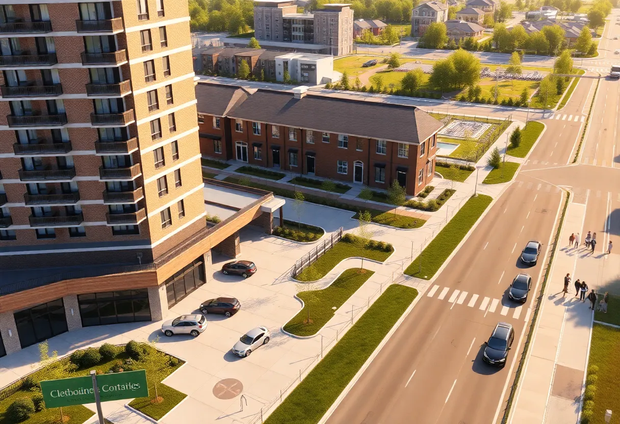 Rendering of The Averly Richmond Hill mixed-use development showing apartments, townhomes and retail pad sites along Ford Avenue