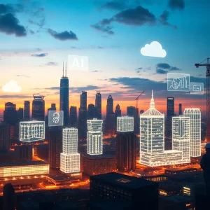 City skyline with translucent BIM models, data overlays and cloud icons representing digital construction and collaboration