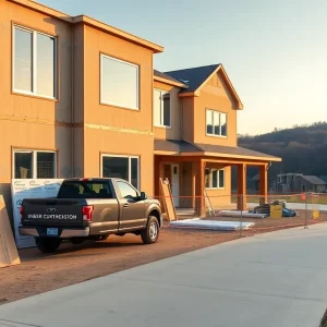 Mid-construction custom home in a Chattanooga-area neighborhood with protective dust barriers and staged materials.