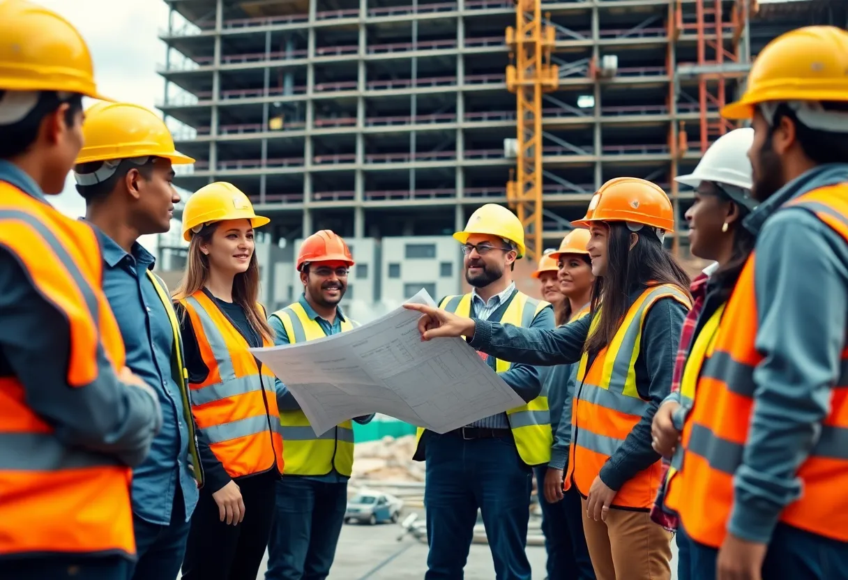 Group of construction interns and supervisors reviewing blueprints on an active job site