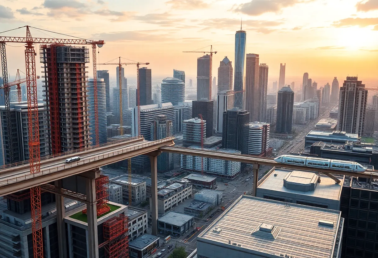 City skyline with cranes, bridge and rail construction illustrating civil engineering market growth