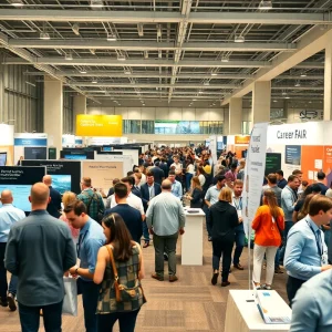 Attendees exploring construction technology and career booths at a university summit expo