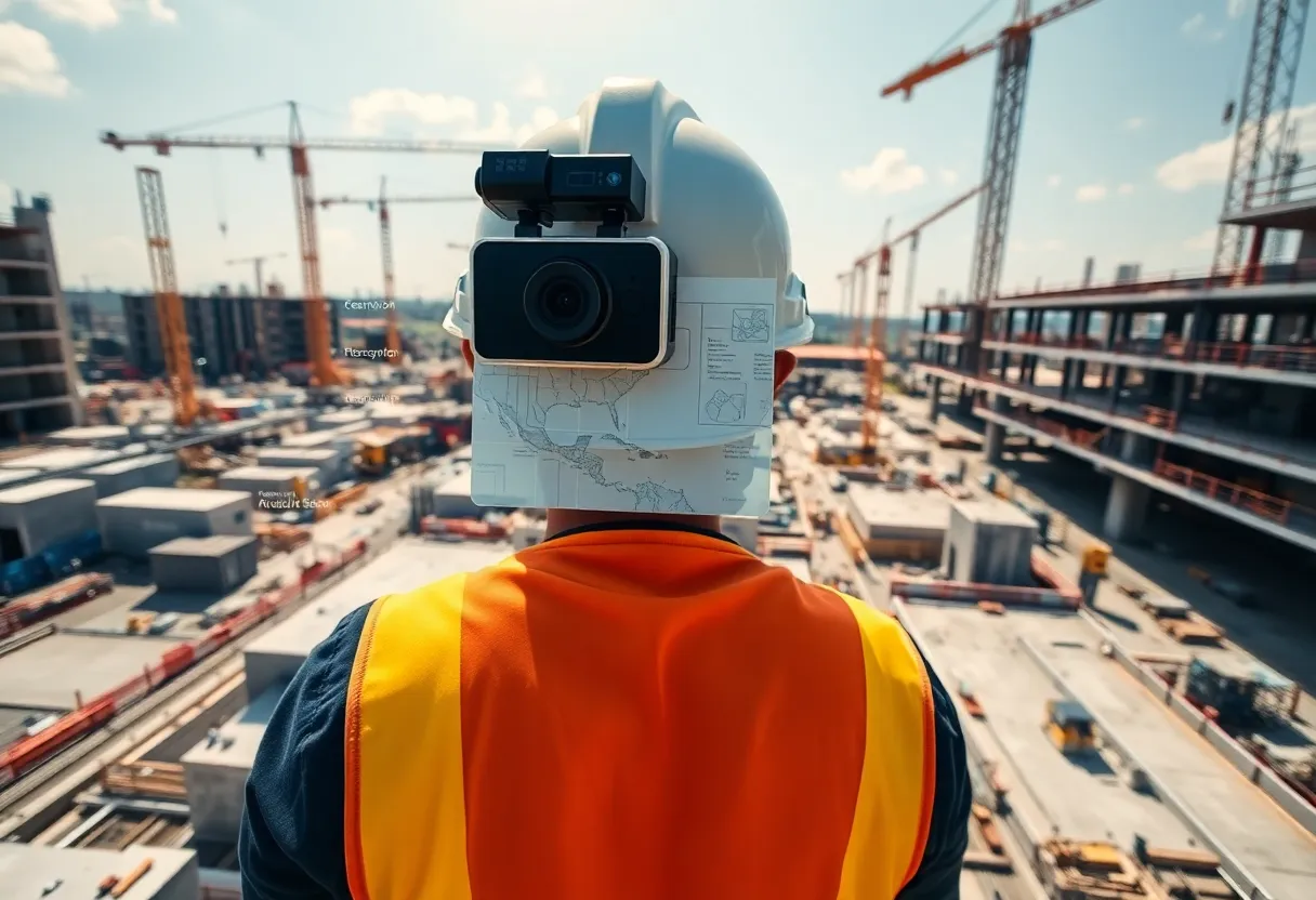 Construction site with digital data overlays, geotags and helmet-mounted camera