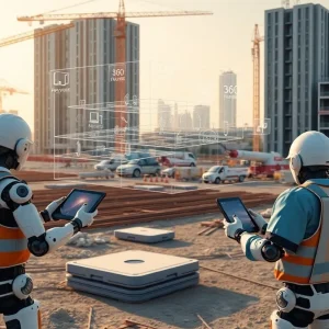 Construction site with robots, drones, workers using tablets and a holographic 4D digital twin overlay