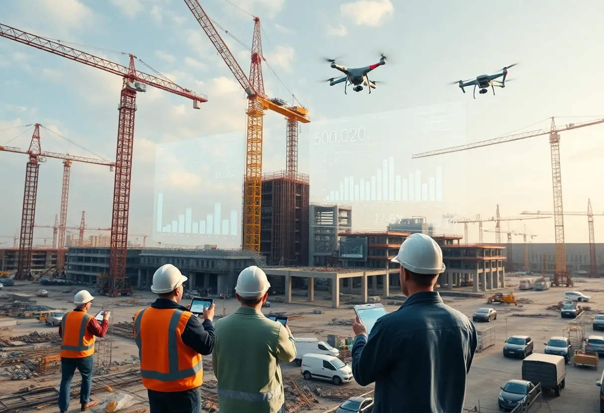 Construction site with workers using tablets and holographic BIM and schedule overlays, plus drones overhead