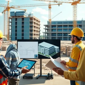 Construction workers using tablets and large monitors displaying digital blueprints and BIM models on site.