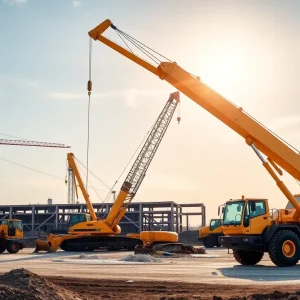 Image of cranes and machinery on a construction site representing rental equipment