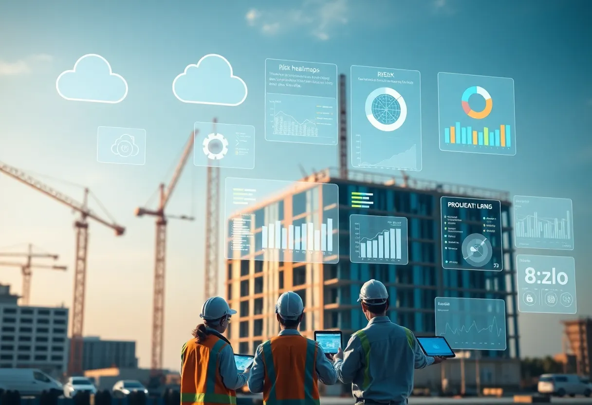 Construction site with cloud-based risk assessment dashboards and analytics overlays
