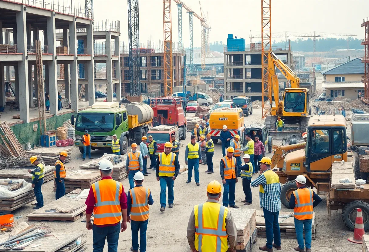 Construction workers of various nationalities working together at a construction site