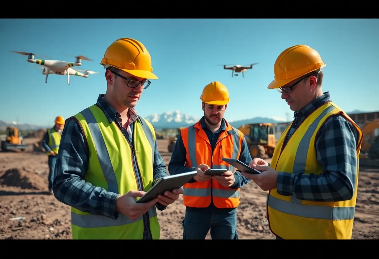 Construction crew using tablets and connected machinery with lab samples and legal documents hinted in background