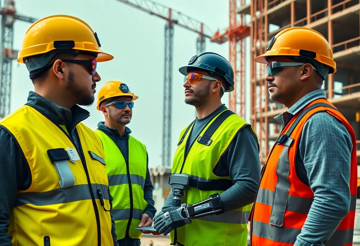 Construction site workers wearing smart helmets, connected vests and AR glasses using wearable technology for safety and tracking