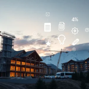 Luxury resort construction site with cranes and conceptual financing and energy upgrade overlay