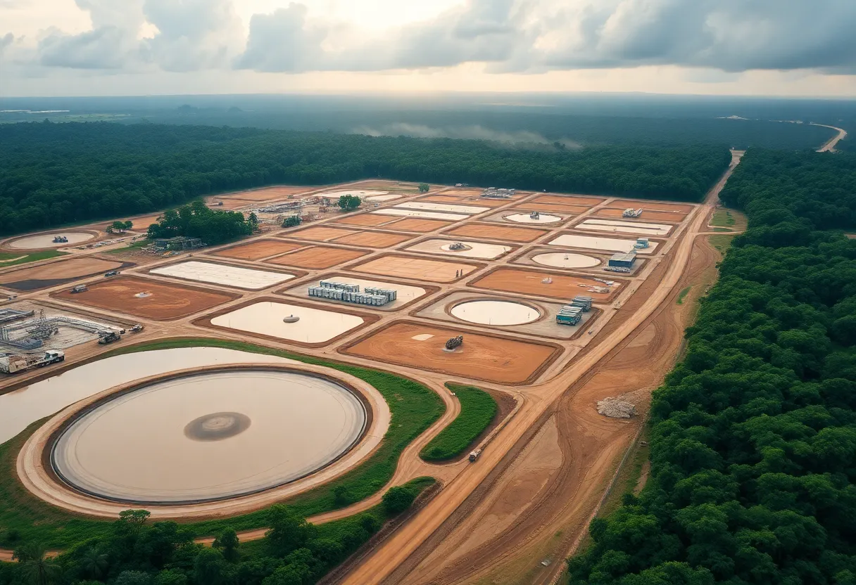 Aerial view of heap‑leach pads and containerized processing plant at a tropical gold project in Pará, Brazil