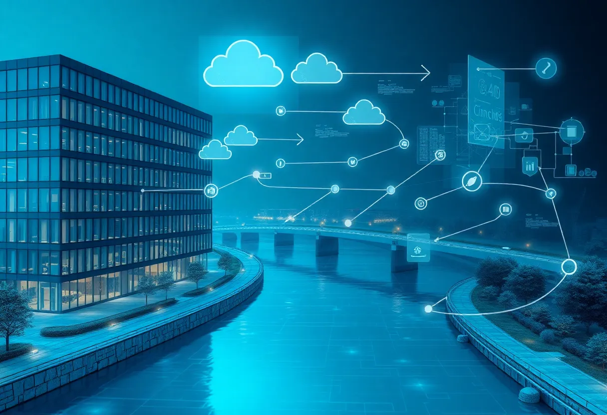 Holographic overlays on a building and river basin showing real-time digital twin data streams and 3D models